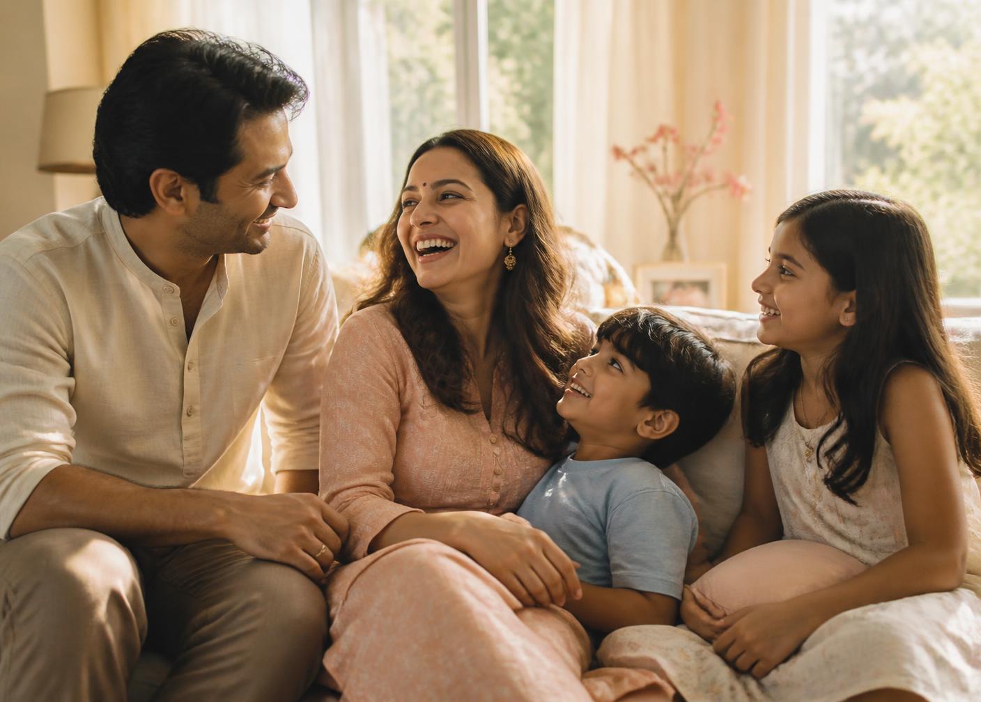 An Indian mother laughing with her husband and children in a sunlit home
