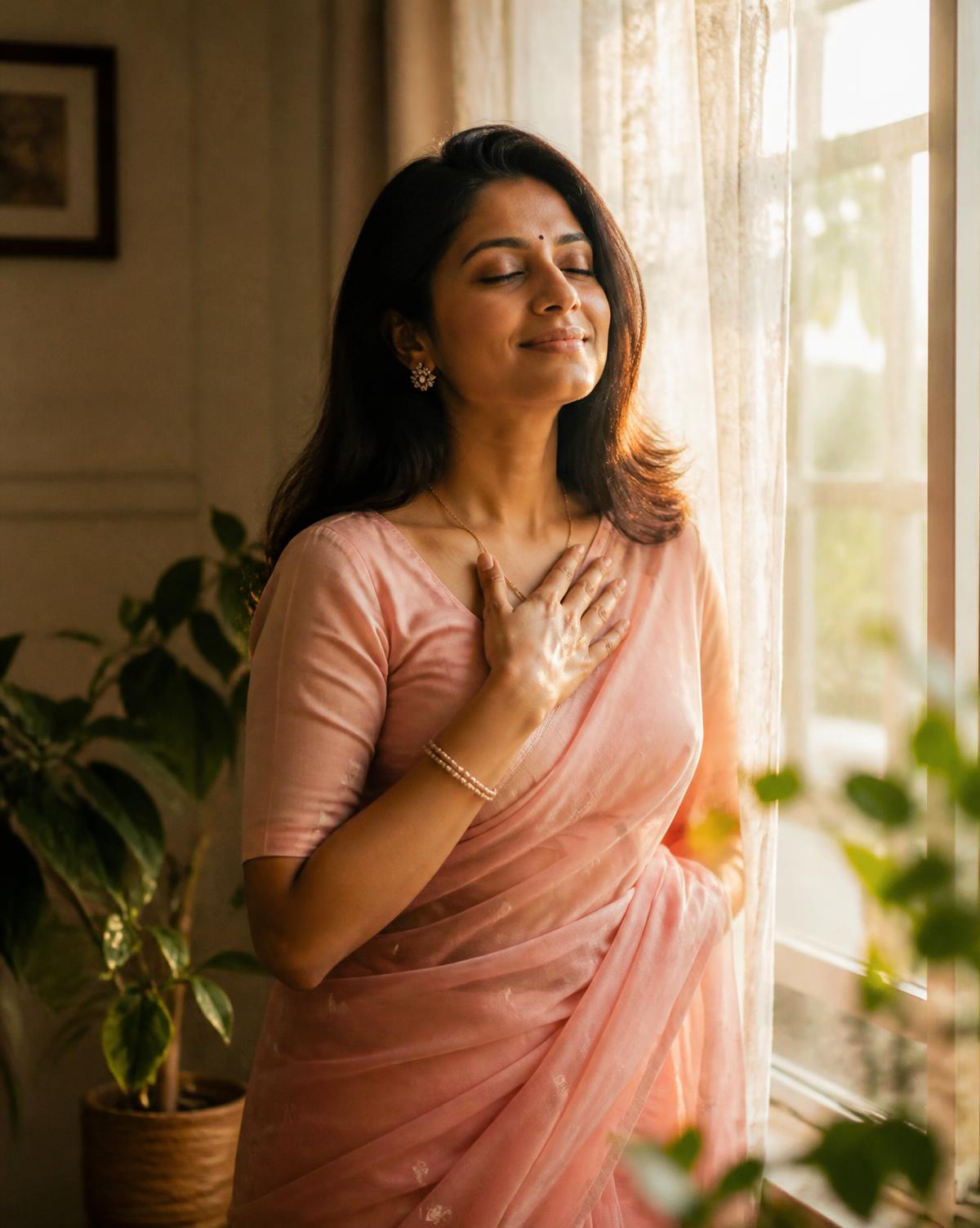 A peaceful woman standing by a sunlit window, hand on heart, smiling gently